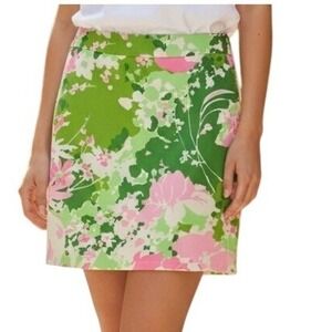 Talbots Petites Floral A-Line Mini Skirt Green Pink Cotton Size XL Preppy Summer